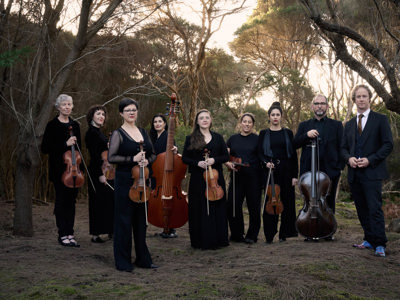 A group of musicians hold their instruments surrounded by bushland. one of the musicians on the far right hand side wears blue shoes, the rest wear head to toe black. 