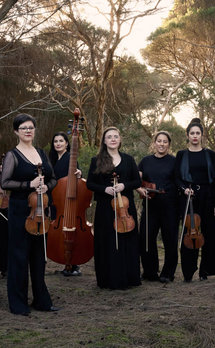 A group of musicians hold their instruments surrounded by bushland. one of the musicians on the far right hand side wears blue shoes, the rest wear head to toe black. 