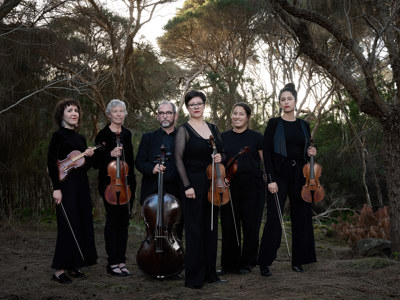 A group of musicians hold their instruments surrounded by bushland. The musicians wear wear head to toe black. 